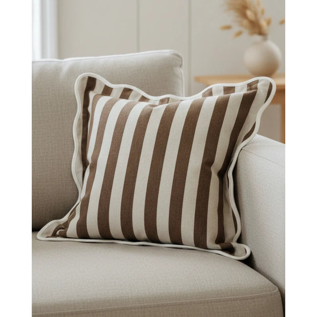 Chloe Brown square cushion cover with stripe and scalloped edges, soft furnishings by Ellenvale Trade.