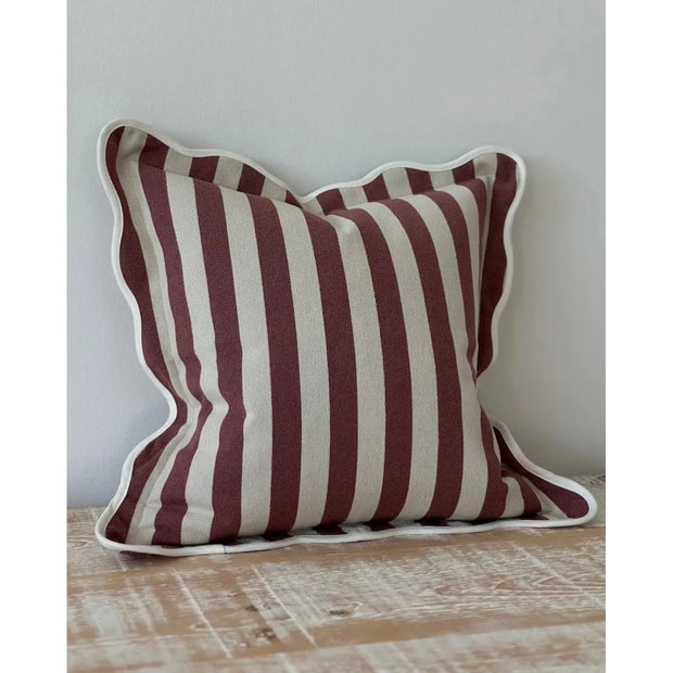 Chloe Burgundy square cushion cover with stripe and scalloped edges, Ellenvale Trade soft furnishings for decorative home decor.