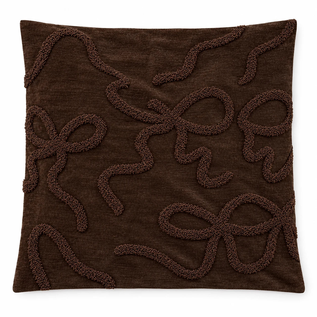 Single empty 45 x 45 cm chocolate brown bow bouclé cushion cover laid flat on white