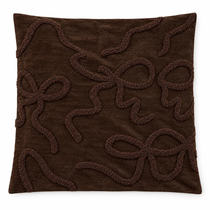 Single empty 45 x 45 cm chocolate brown bow bouclé cushion cover laid flat on white