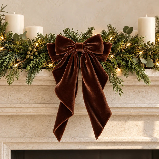 Chocolate Brown Velvet Bow - Large on a festive fireplace garland