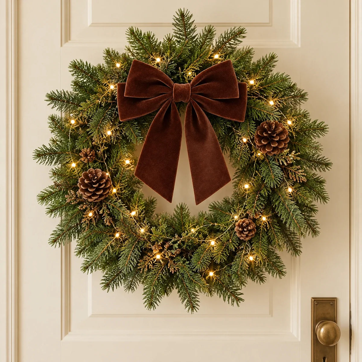 Chocolate Brown Velvet Bow - Medium with short pointed tails on a Christmas wreath