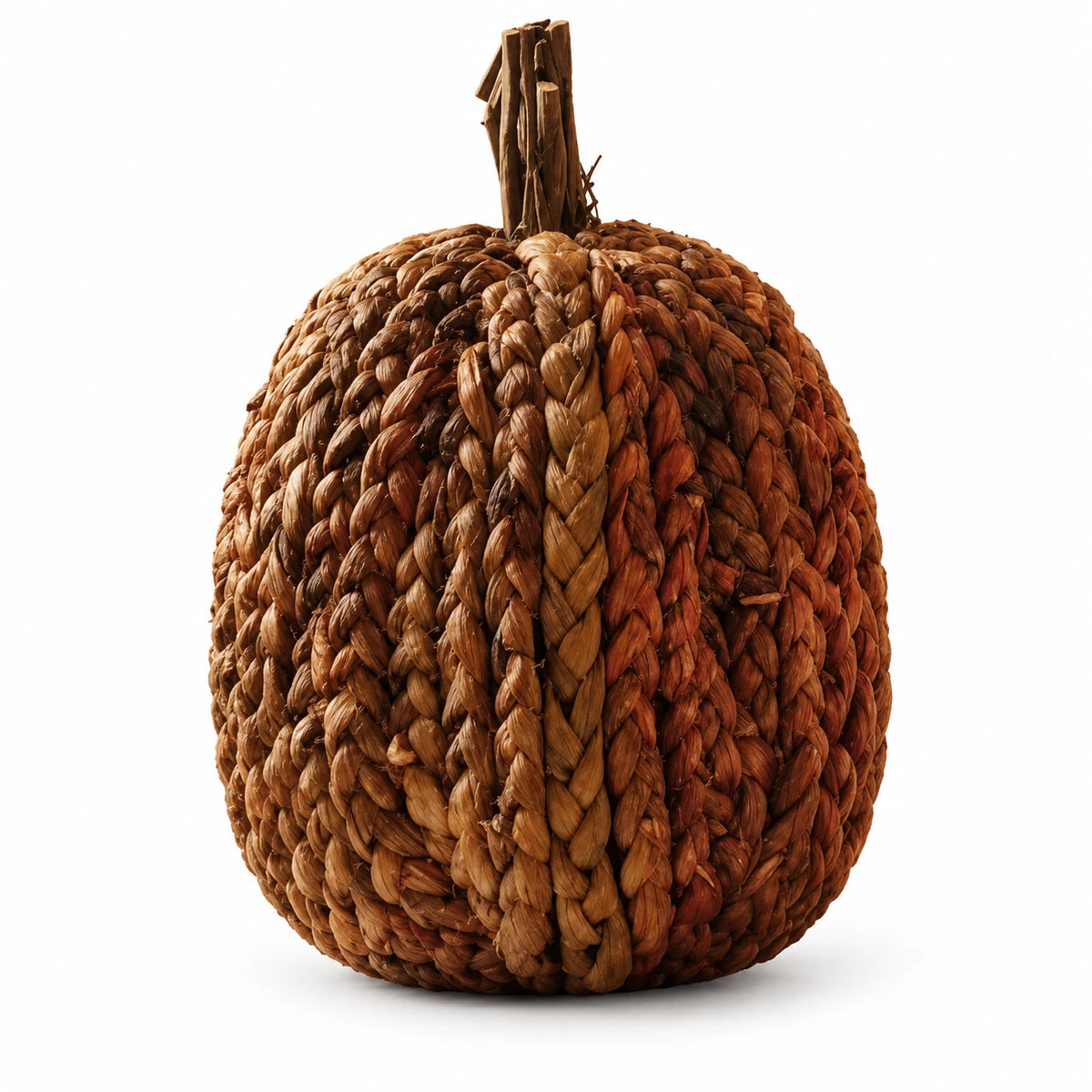 Chocolate brown cornhusk pumpkin with braided texture and natural stalk on white