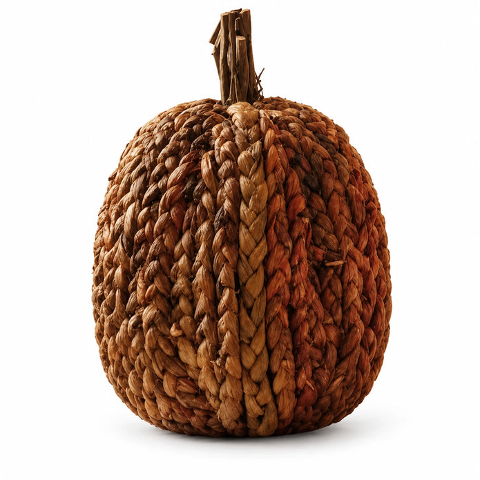 Chocolate brown cornhusk pumpkin with braided texture and natural stalk on white