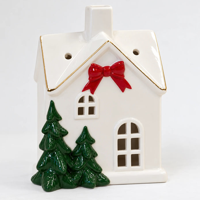 Satchville Christmas Home with Red Bow, large festive holiday decoration detail