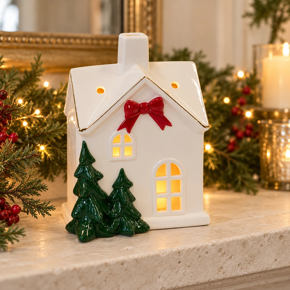 Satchville large Christmas home decoration with red bow displayed on a mantelpiece