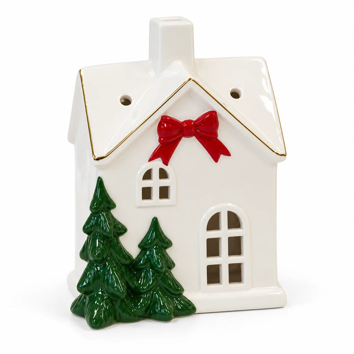 Satchville Christmas home with large red bow product decoration on a white studio background