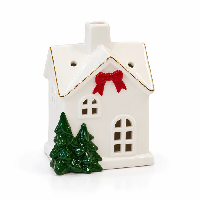 Satchville small Christmas home decoration with a red bow on a white studio background