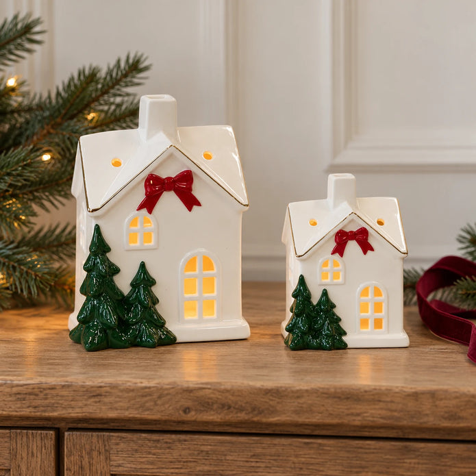 Satchville Christmas Home with Red Bow decoration, large size shown in festive red and white design