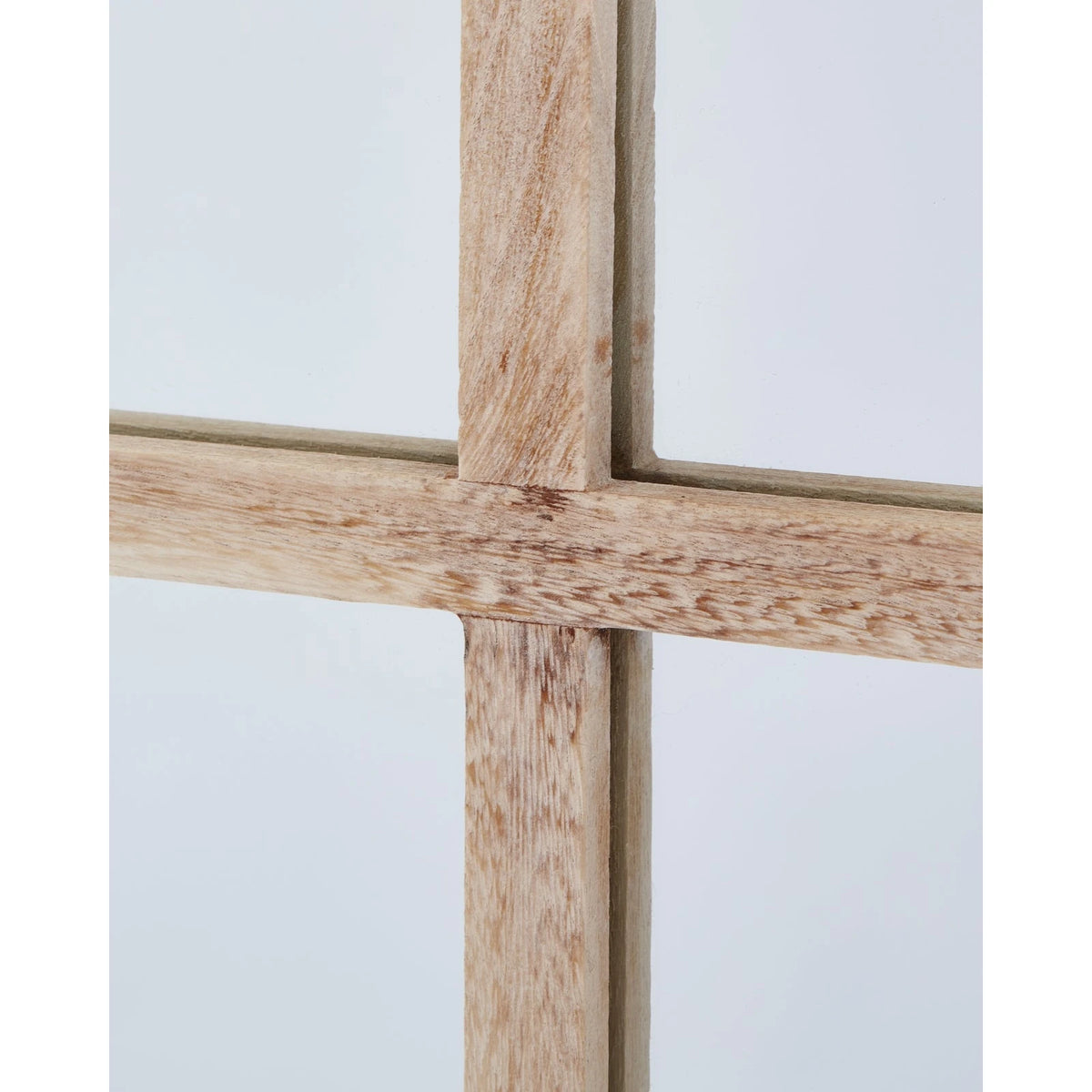 Large washed wood rectangle window framed mirror by Hill Interiors, showcasing a rustic wooden frame and reflective glass surface.