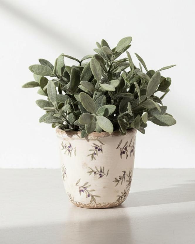 Beige ceramic olives plant pot by Clayre & Eef, small decorative home decor pot for plants or herbs.