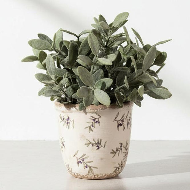 Beige ceramic olives plant pot by Clayre & Eef, small decorative home decor pot for plants or herbs.