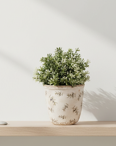Beige ceramic olives plant pot by Clayre & Eef, medium-sized home decor planter with a decorative olive branch design.