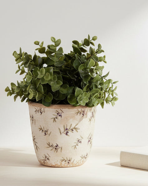 Small beige ceramic olives plant pot by Clayre & Eef for home decor, featuring a decorative olive branch design.