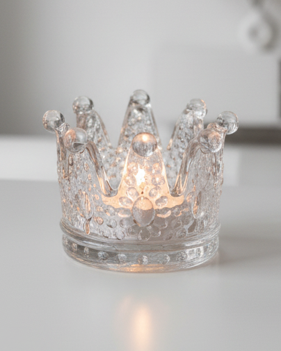 Glass Crown Tealight Candle Holder by Clayre & Eef, elegant home decor piece with intricate crown design for tealights.