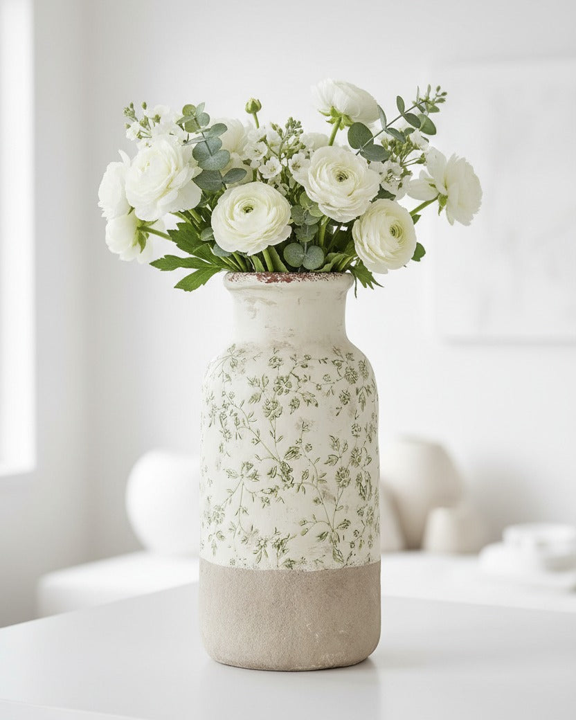 Green and white ceramic flower vase from Clayre & Eef, perfect for home décor, with a classic floral design.
