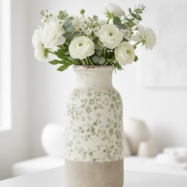 Green and white ceramic flower vase from Clayre & Eef, perfect for home décor, with a classic floral design.