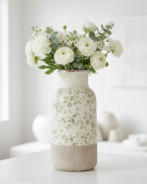 Green and white ceramic flower vase from Clayre & Eef, perfect for home décor, with a classic floral design.