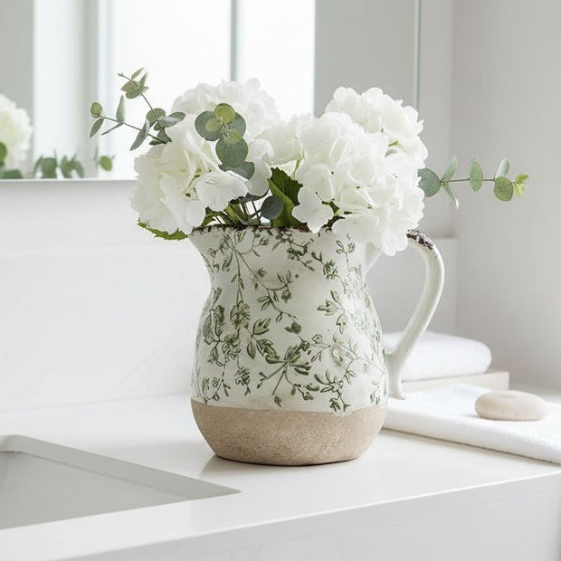 Green and white ceramic leaves jug vase by Clayre & Eef, used as elegant home decor with detailed leaf design.