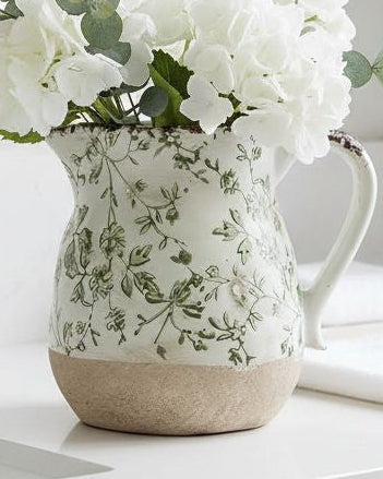 Green and white ceramic leaves jug vase by Clayre & Eef, ideal for home decor with detailed leaf design and elegant shape.