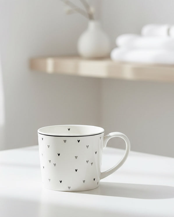 White ceramic hearts cup mug by Clayre & Eef, perfect for kitchen and dining, with a charming heart design.