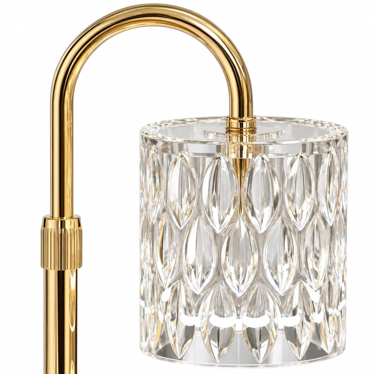 Close-up of the candle warmer cut-glass shade and curved gold frame