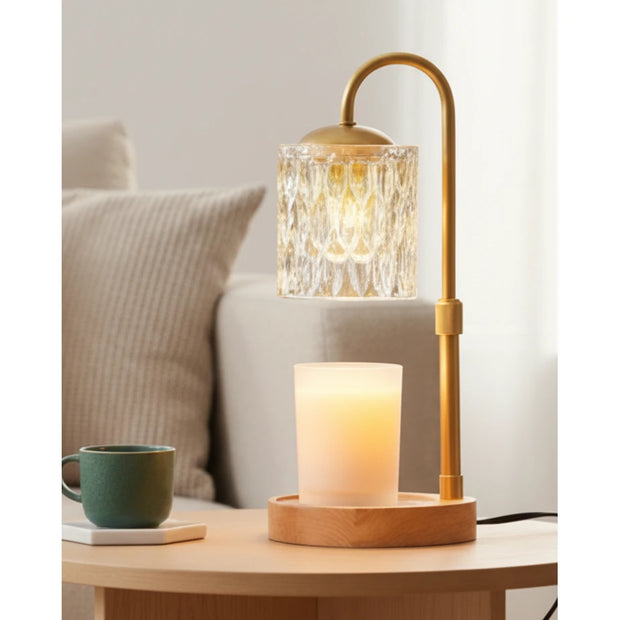 Clear glass candle warmer lamp by Starlight Express, flameless with timer, designed for safe, gentle heating of candles.