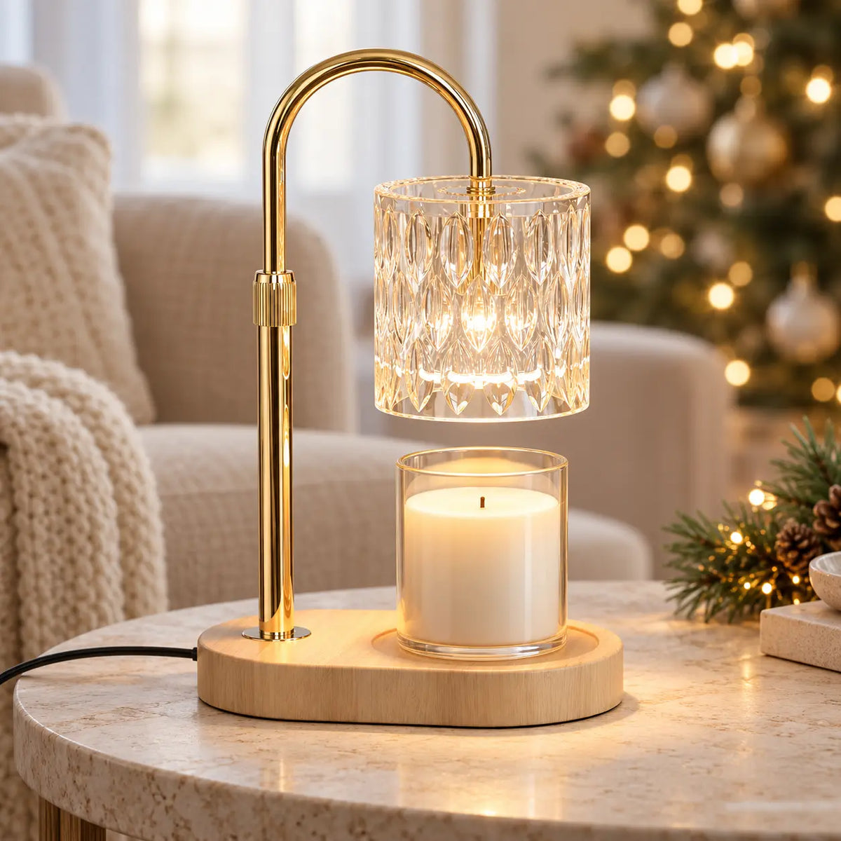 Glass candle warmer illuminating an unlit jar candle beside an oatmeal armchair