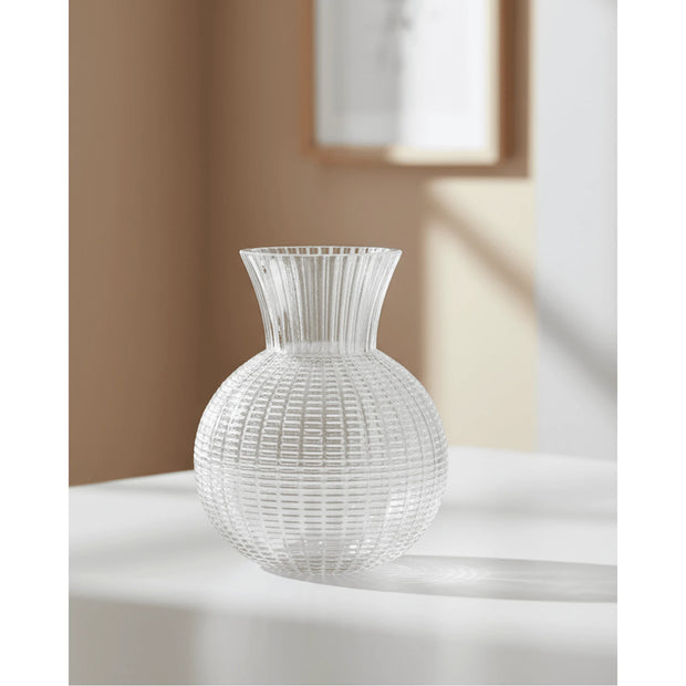 Small clear glass woven ball vase by Gisela Graham with a rounded, textured design perfect for floral arrangements.