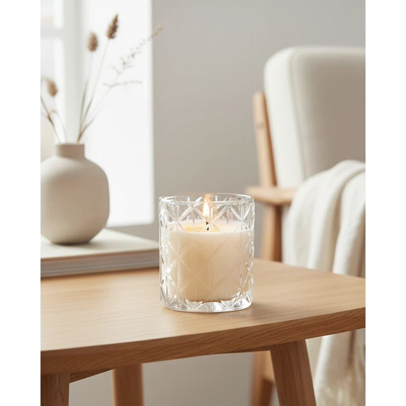 Clear large Chevron glass candle from Candlelight Products Ltd, featuring a stylish Chevron design in a transparent glass holder.