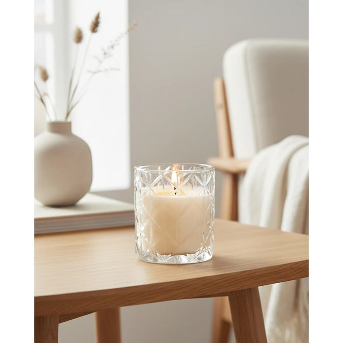 Clear large Chevron glass candle from Candlelight Products Ltd, featuring a stylish Chevron design in a transparent glass holder.