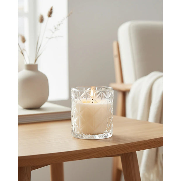 Clear large Chevron glass candle from Candlelight Products Ltd, featuring a stylish Chevron design in a transparent glass holder.