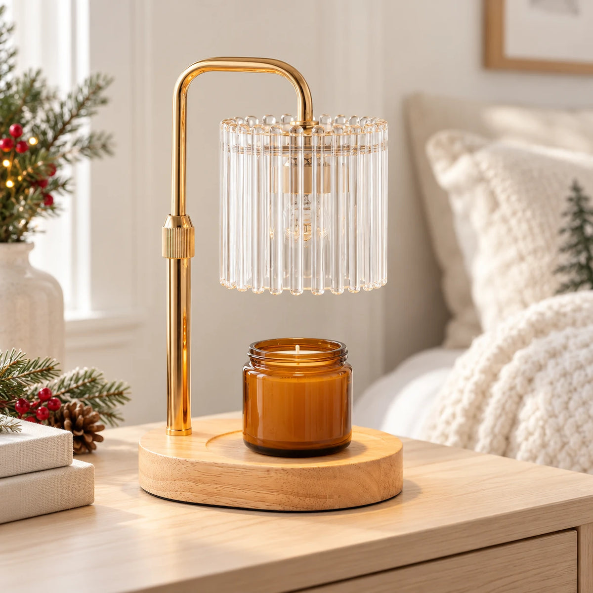 Clear ribbed glass candle warmer with unlit candle on a wooden bedside table
