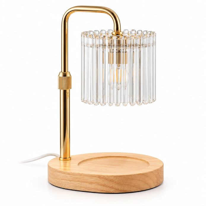 Complete clear ribbed glass candle warmer lamp on white, with empty wooden base and no candle