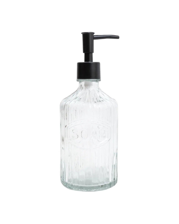 Clear Ribbed Glass Soap Dispenser Bottle - “Soap” - Home DecorHome Decor - Lulu Loves Home