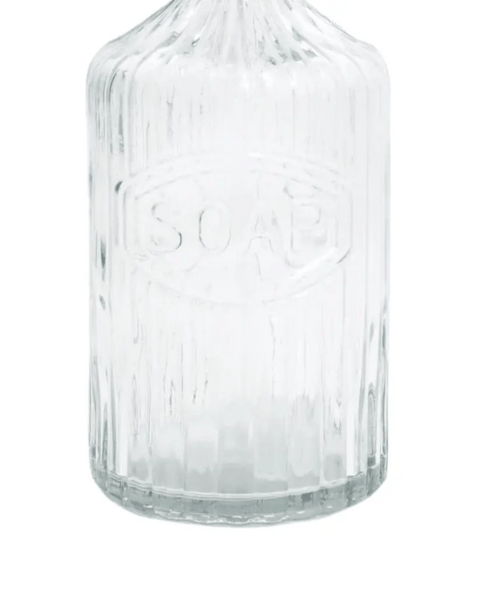 Clear Ribbed Glass Soap Dispenser Bottle - “Soap” - Home DecorHome Decor - Lulu Loves Home