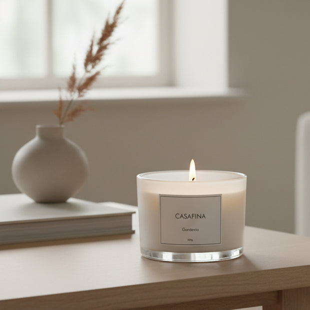 Coach House Casafina Gardenia candle, elegant home decor with a stylish glass container and a fresh gardenia scent.