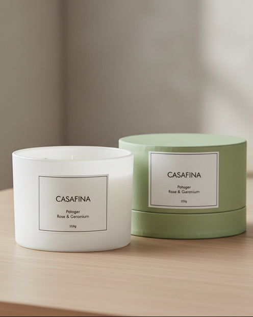 Coach House Casafina Candle with Rose and Geranium scent, featuring a decorative home decor candle in a stylish container.