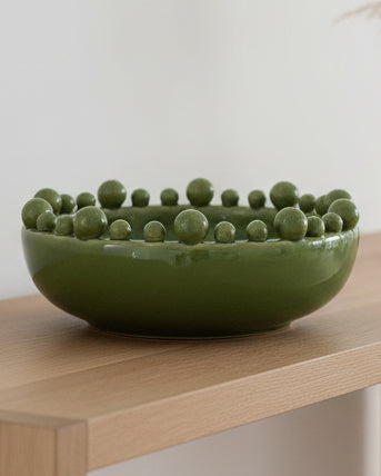 Extra large olive green Coach House home decor bowl with bobble-edged design, perfect for stylish table or shelf display.