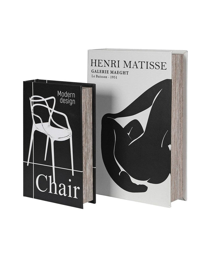 Set of two modernist black and white storage book boxes by Coach House, stylish home decor for organizing books and accessories.