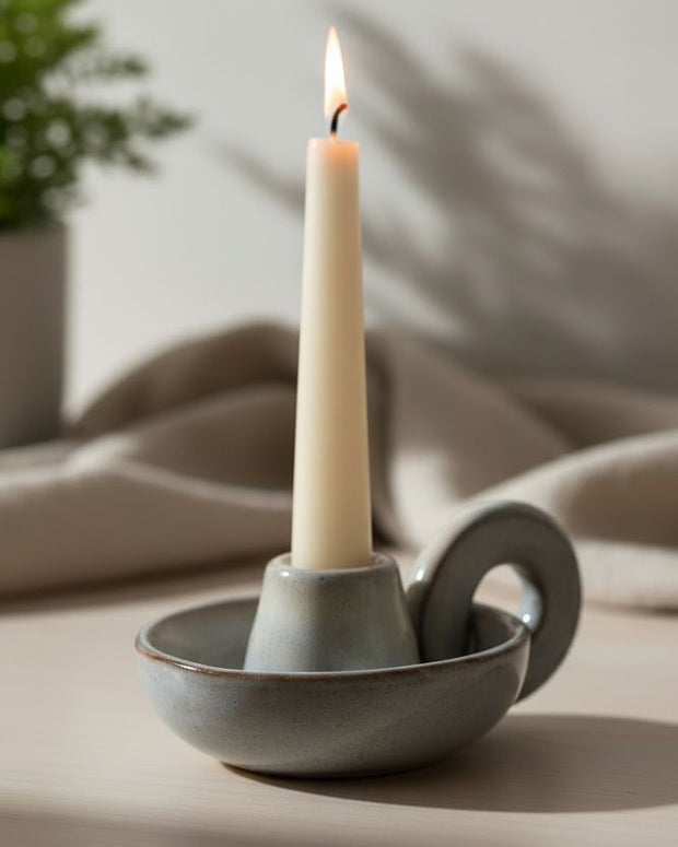 Neutral ceramic stoneware candle holder with rustic design, ideal for dinner table decor, by Coach House.