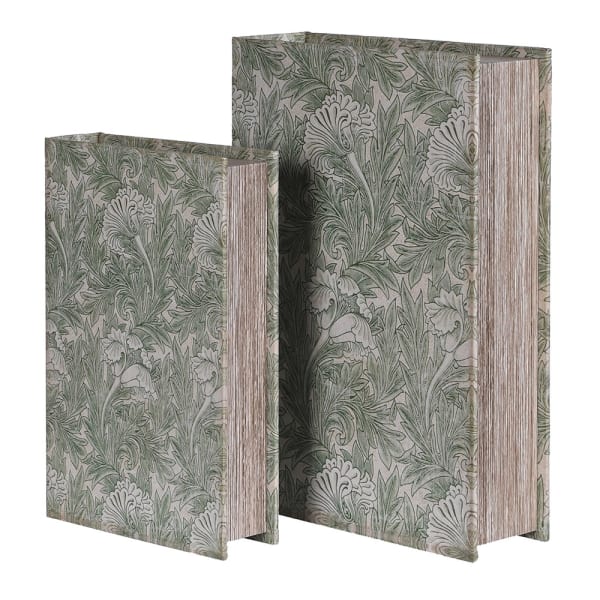 Set of two vintage cream and green design storage book boxes by Coach House for home decor, with decorative patterns and sturdy construction.
