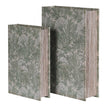 Set of two vintage cream and green design storage book boxes by Coach House for home decor, with decorative patterns and sturdy construction.