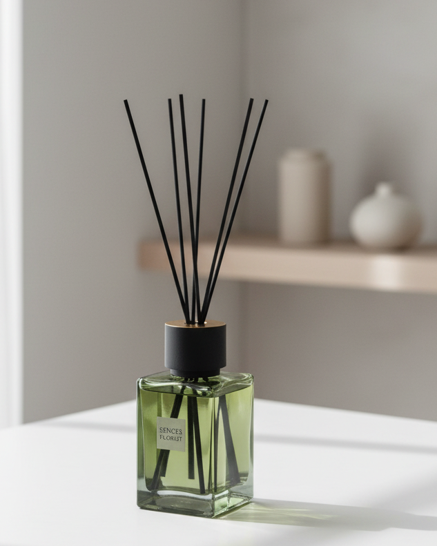 Olive green Coach House Florist large reed diffuser for home fragrance with botanical scent and decorative reeds.