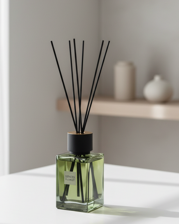 Olive green Coach House Florist large reed diffuser for home fragrance with botanical scent and decorative reeds.