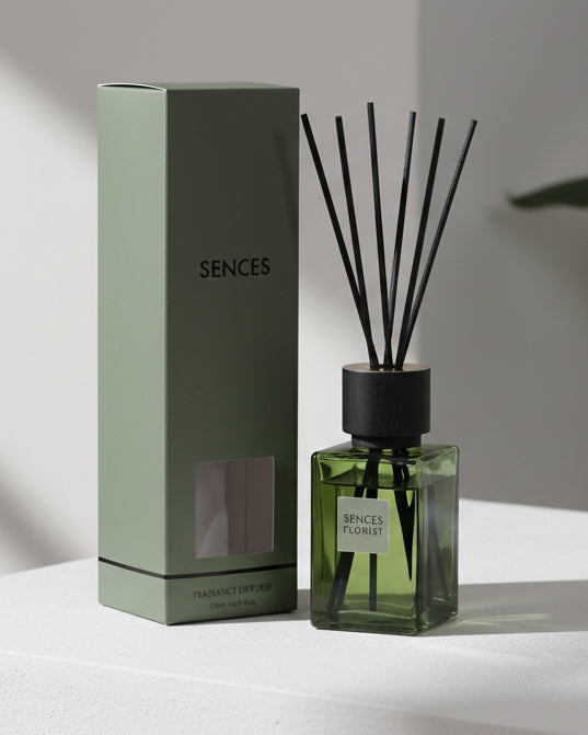 Olive green Coach House Florist small reed diffuser for home fragrance with botanical scent and reed sticks.