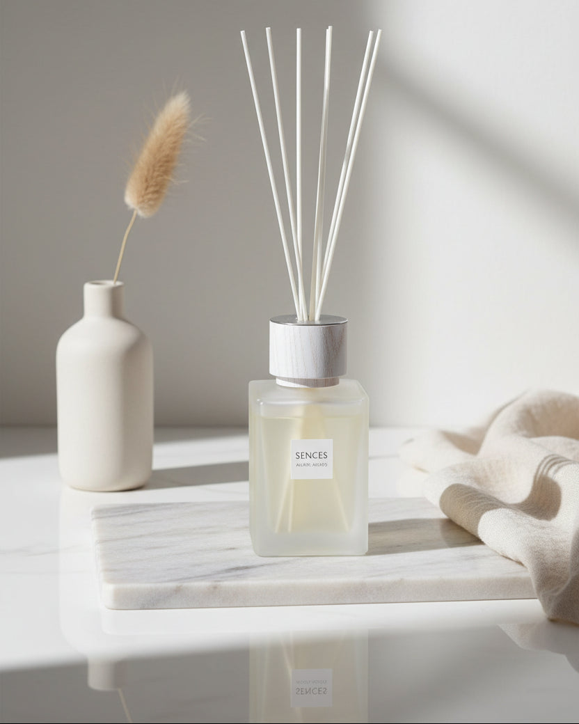 White Alang Alang large reed diffuser by Coach House, 500ml home fragrance with tonka and clove scent, displayed in a clear container.