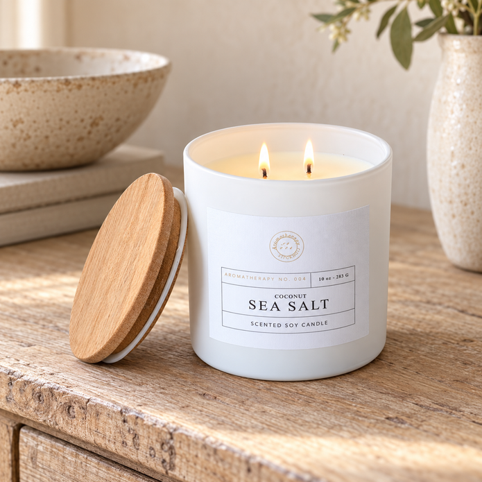 Coconut and Sea Salt candle with two lit wicks and wooden lid on an oak console.