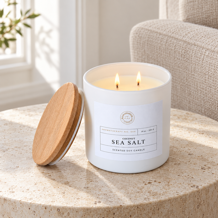 White Coconut and Sea Salt candle lit on a stone side table beside a linen armchair.