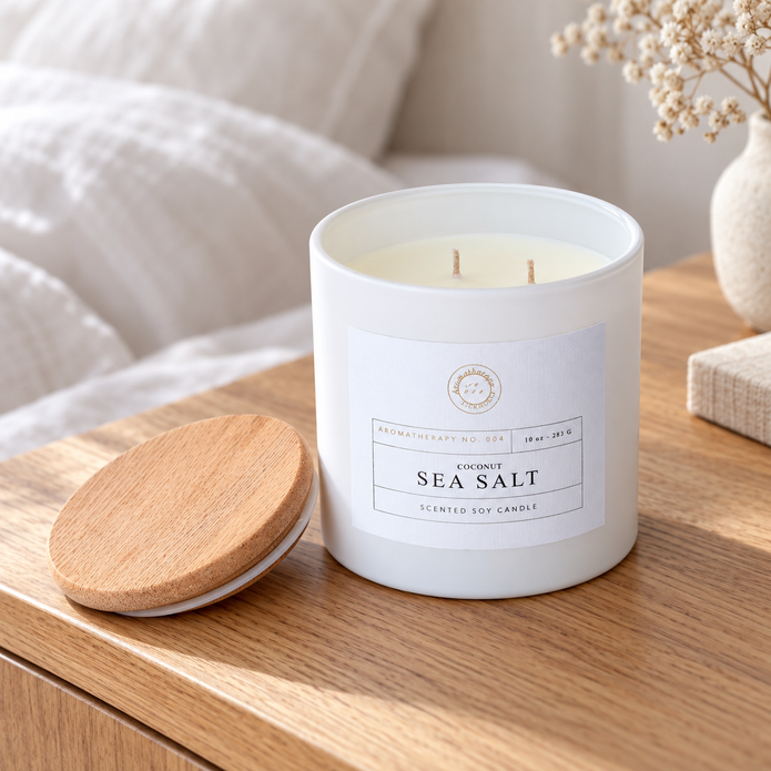 Unlit Coconut and Sea Salt candle with wooden lid on an oak bedside table.